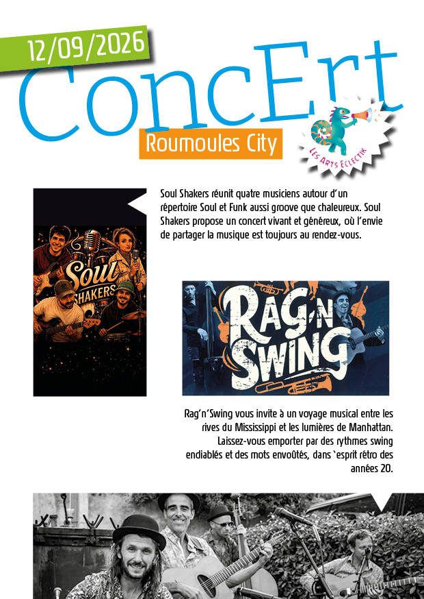 Descriptif concert à Roumoules. Sous Shakers et Rag'NSwing